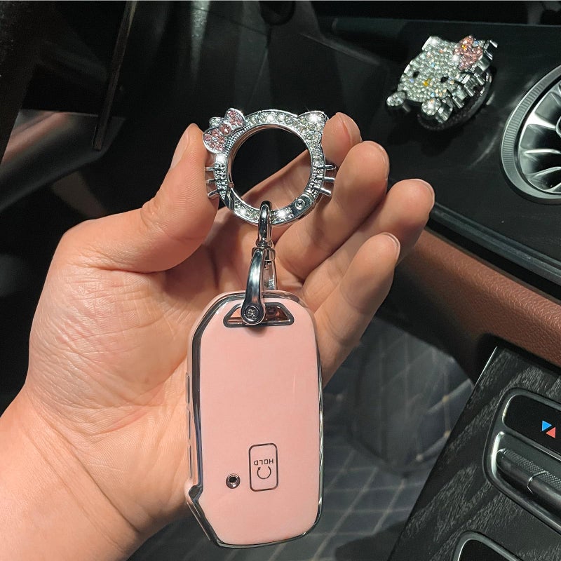 Pangpai Pink Car Accessories 3 Pcs for Kia Cerato Ceed Forte NIRO Sorento Seltos Sportage Soul Telluride Key Fob Cover with Bling Keychain Cute Push to Start Button Cover - Image 4